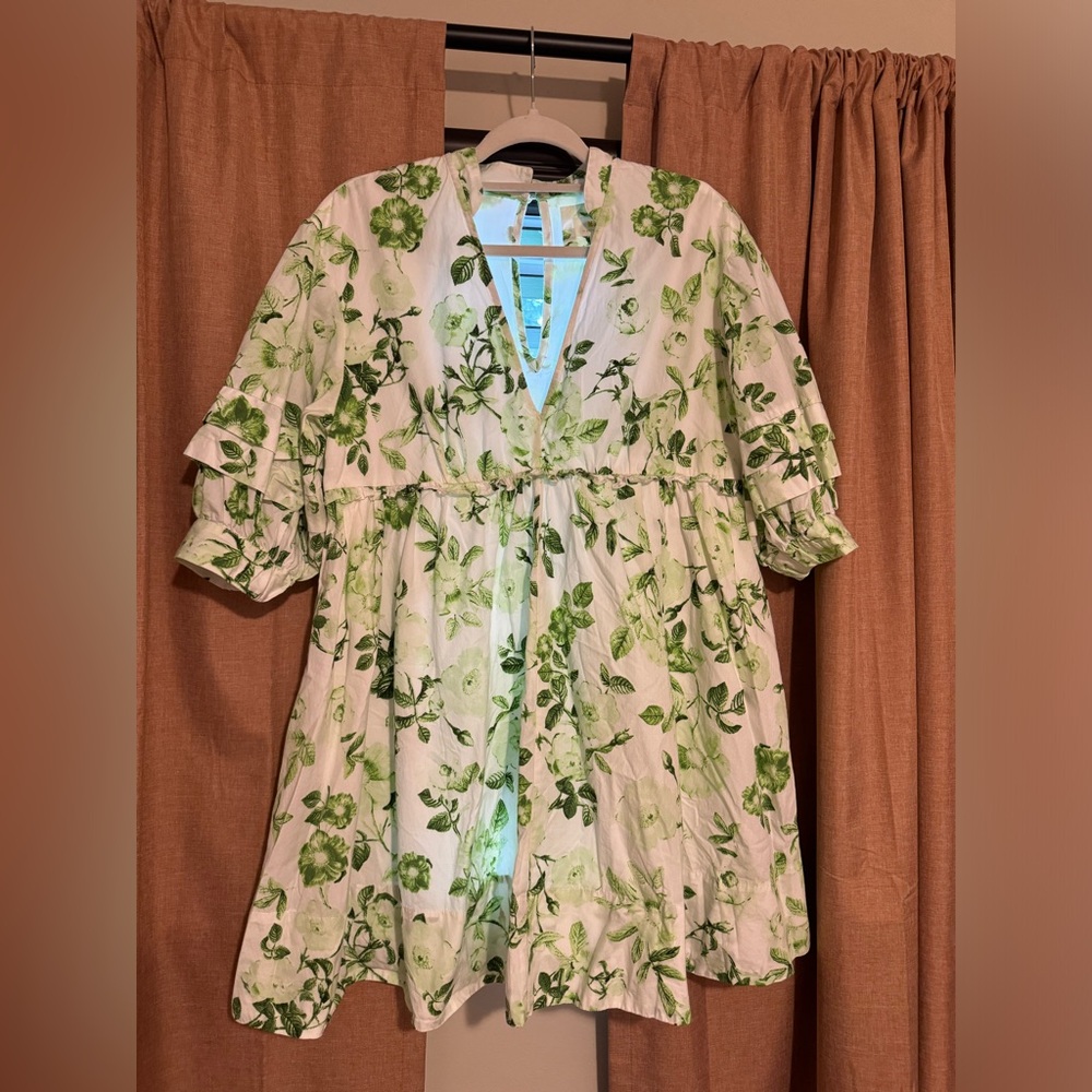 Anthropologie White Mini Dress with Green Floral Print